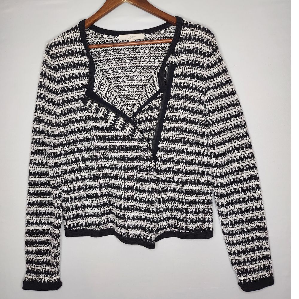 Loft Asymmetrical Zip‎ Cardigan Large Black White Textured Stripe Zip Sweater